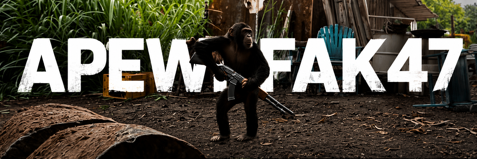 APEWIFAK47 — an ape holding an AK-47 in a junkyard